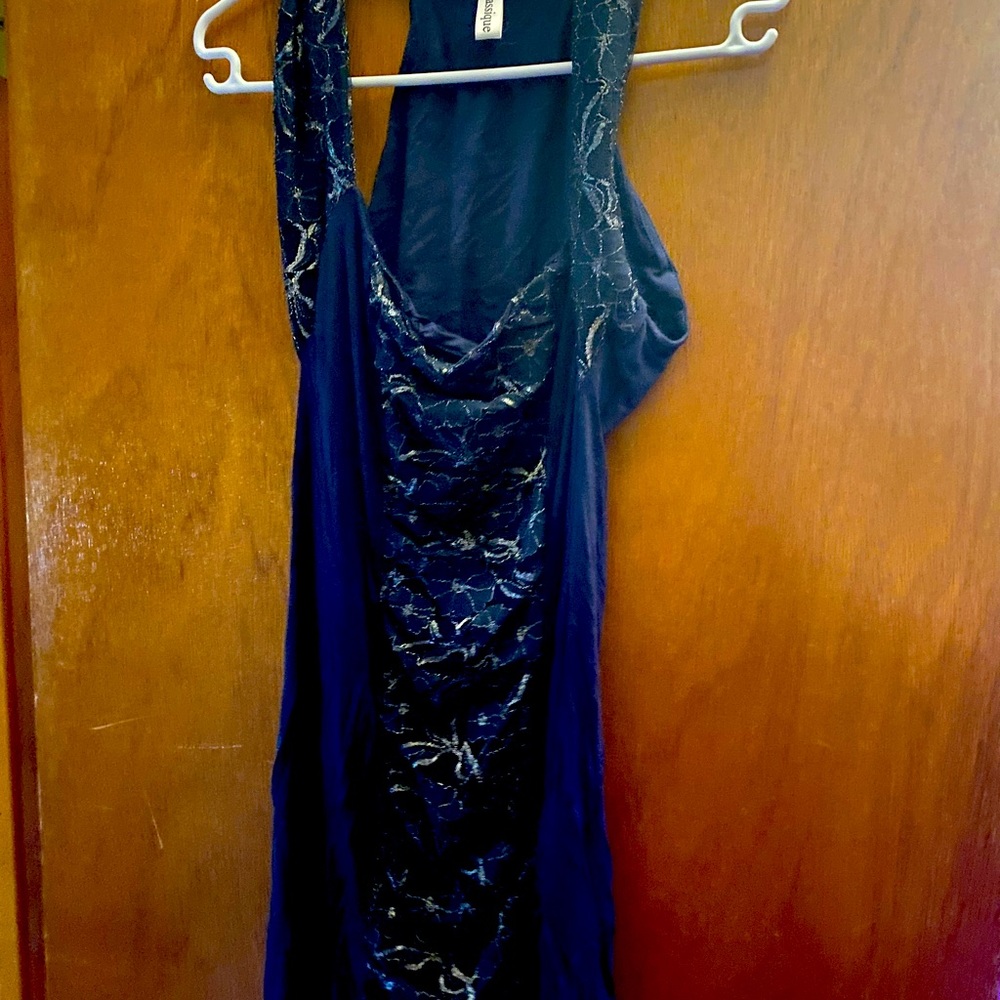 Navy Curve Hugging Dress with Lace Detail in size large